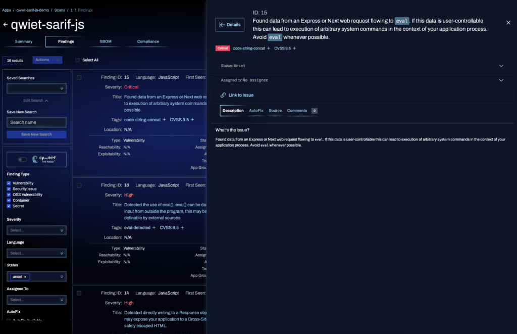 SARIF data imported into Qwiet AI
